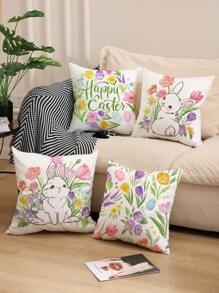 1pc/4pcs Spring Easter Rabbit Flower Egg Letter Polyester Printed Pillow Cover, 45x45cm, Room Decor, Bedroom Decor, Sofa Decor (Without Pillow Insert) - Multicolor - View 3