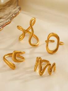 Conjunto de 4 peças de aço inoxidável minimalista banhado a ouro 18K com linha geométrica anel aberto, adequado para uso diário feminino