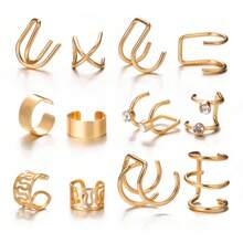 1-12pcs Creative Minimalist No Piercing Ear Cuff, Personalized Gold Leaf Hollow Layer Ear Clip Set