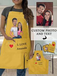 Customized 3-Piece Kitchen Apron Set, Personalized Couple Portrait Apron, Heat Resistant Gloves, Heat Resistant Pad. Suitable For Cooking, Industrial Production, Household Chores, Outdoor Grilling. Hand Or Machine Washable. Multiple Colors Available. Perfect Gift For Her/Him On Birthday, Anniversary, Christmas
