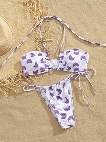 PEPPERMOLLY New Soft Fabric Printed Halter Tie-Front Elegant Party Bikini Set, Women Summer Beach Fashion Swimwear, Purple Color - Purple - View 3