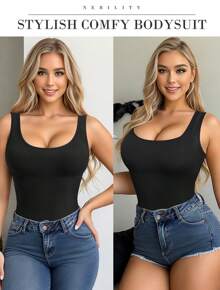 Nebility Womens' Waist Trainer Seamless Round Neck Tummy Control Shapewear Bodysuit - 黑色 - 查看 4