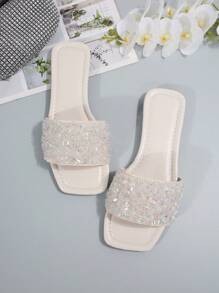 Plus Size Women's Sandals, Spring/Summer New Arrivals White Square Toe Flat Sandals, Suitable For Dresses, Rhinestone T-Strap Fashion, Summer Beach Slippers, Non-Slip House Slippers, Girls Plastic Sandals - White - View 4