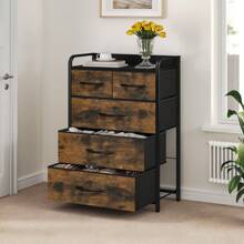 Commode, 5 Tiroirs En Tissu Commode Chambre Meuble De Rangement,Tour En Tissu,Cadre Acier Robuste,Pour Chambre à Coucher, Salon,Gris Profond - Brown - View 3