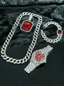 1 Set Ruby Alloy Pendant, Ruby Bracelet, Red Watch, Men's Personalized Necklace Set, Elegant Gift Set For Men - Gemstone Pendant Necklace Set - View 6