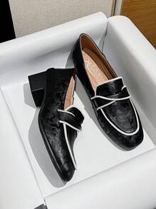 Mengshangli French Retro Square Toe Thick Heel Shoes For Women, All-Season Fashion Shallow High Heels Business Soft Leather Shoes