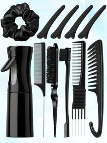 Set de 11 peines, Botella de rociado continuo de 200ml, Set de peines para esponjar, cepillar el borde y la espalda con pinzas de pico de pato para mujeres y niñas, peines de carbono para esponjar con púas de metal, peine premium de dientes anchos