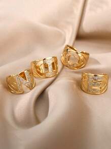 1pc Luxury Zirconia Initial Letter Rings For Women Stainless Steel Chunky Wide Open Finger Ring Hip Hop Fashion Jewelry Gifts