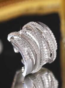 jealous young 1pc Dreamy Multi-Layer Cubic Zirconia Engagement Ring, Suitable For Women And Girls Daily Wear, Openable, Jewelry Gift - Platinum - View 6