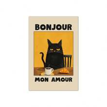 1pc The Black Cat Posters, Yellow Bonjour Mon Amour Artwork, Black Cat Breakfast Artwork, Black Cat Painting, Childless Cat Lady, Kitchen Dining Room Wall Arts, No Frame Gifts Birthday Graduation - Multicolor - View 9