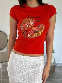 Women's Short Sleeve T-Shirts Floral/Croissant Pattern Round Neck Summer Cute Casual Tops