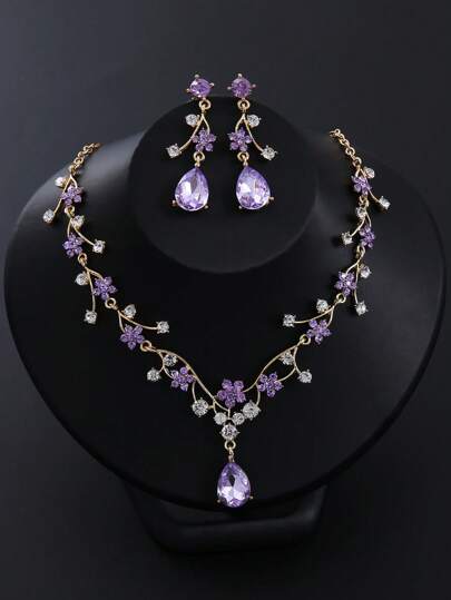 3 PiecesVintage Plum Color Set, Includes Purple Crystal Earrings And Necklace, Suitable For Brides, Bridesmaids, Wedding Receptions, Galas, Evening Gowns