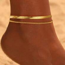 1pc Elegant Simple Double Layer Flat Snake Bone & Box Chain Stainless Steel Anklet For Women, Suitable For Daily Wear And Beach