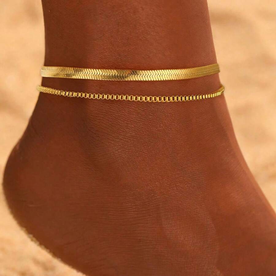 1pc Elegant Simple Double Layer Flat Snake Bone & Box Chain Stainless Steel Anklet For Women, Suitable For Daily Wear And Beach