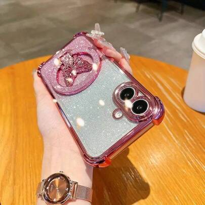 1 件二合一电镀镜头膜屏幕保护膜，带凸起的 4 角设计 + 闪光蝴蝶结磁性支架，兼容无线充电，兼容 Iphone 16 Pro Max、P30、Nova 11、Honor Magic7、Redmi Note 14 Pro+ 5G、Galaxy S25 Ultra、Infinix Smart 8/Infinix Hot 40i/Tecno Spark 20/Tecno Spark 20C/Tecno Spark Go 2024、Moto G54