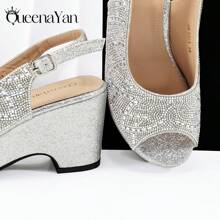 Women Open Toe Platform High Heels & Moon Shaped Handbag Set, Adjustable Strap, Elegant And Minimalist Design, Suitable For Party And Daily Wear