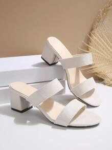 New Fashion Chunky Heel Slip-On Mule Sandals, Women Gold Round Toe,Spring Summer Outfits - White - View 8