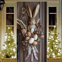 1pc 2D Easter Bunny & Egg Wreath Door Curtain - 35.4*70.9in Polyester, Rustic Country Design With Lifelike Rabbit & Decorative Eggs, Ideal For Home Entrance, Garden Patio & Event Party Decor - Multicolor - View 1