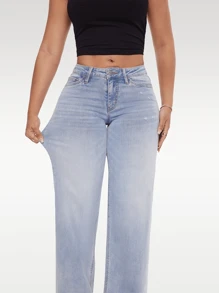 ONESO Mid-Low Rise Baggy Jeans Wide Leg Distressed Denim Pants Stretchy Plus Size - Light Blue - View 5