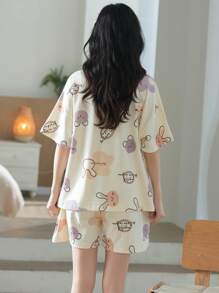 AICJ Cute Bunny And Color Block Print Pajama Set, Casual Short Sleeve Crew Neck T-Shirt And Pocket Shorts, Women's Pajama Loungewear Set 2 Pieces, Two Pieces Set - Multicolor - View 2