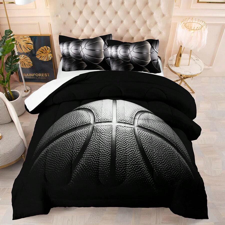 NINENINE Twin/Full/Queen/King Size Basketball Comforter Set For Boys Kids Teens Ultra Soft Microfiber Sports Theme Black And Gray Basketball Bedding Sets - 黑色 - 查看 1