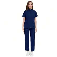 1 Conjunto Roupa de Mulher Manga Curta com Zíper Gola Alta, Uniforme de Serviço Feito de Tecido de Poliéster Fosco, Uniforme de Enfermagem de Ajuste Folgado Adequado para Trabalho Hospitalar