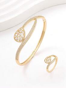 1 Set European Style Water Drop & Snake Bangle Zirconia Bracelet & Ring Set For Women - Gold - View 6