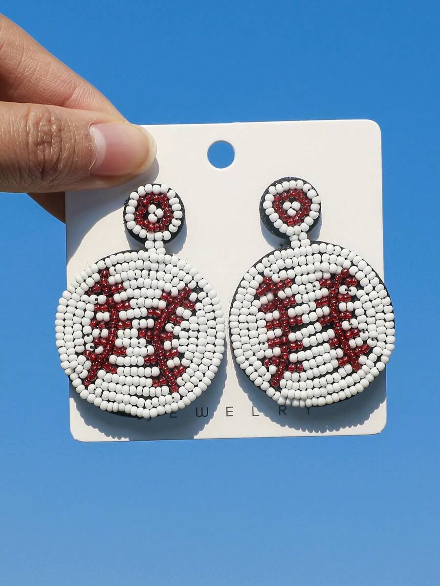 一对运动休闲风手工编织米珠串珠棒球垒球元素耳环嘻哈朋克复古时尚通勤球耳环适合女性日常节日度假聚会佩戴