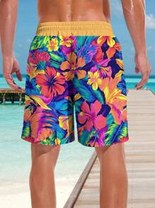 Swimming, Colorful Flowers, Leaves, Men's Summer Vacation, 3D Printed Hawaiian Style Shorts - Multicolor - View 4