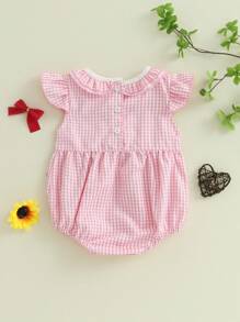 Baby Girls Plaid Bow Embroidery Romper - Ruffled Sleeveless Jumpsuit For Infants - Pink - View 7