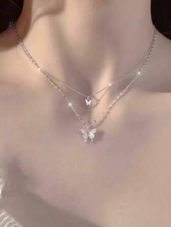 1pc Elegant Double-Layer Butterfly Pendant Chain Necklace, Fashion Versatile Choker Necklace Suitable For Women Holiday And Daily Wear