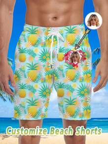 Custom Pineapple And Flowers Print Beach Shorts With Loving Heart Face, Personalized Couple Photo Swimwear, Customize Photo Swim Trunks, Swimsuit With Picture For Men, Loving Heart Face Swimwear - Apricot - View 2