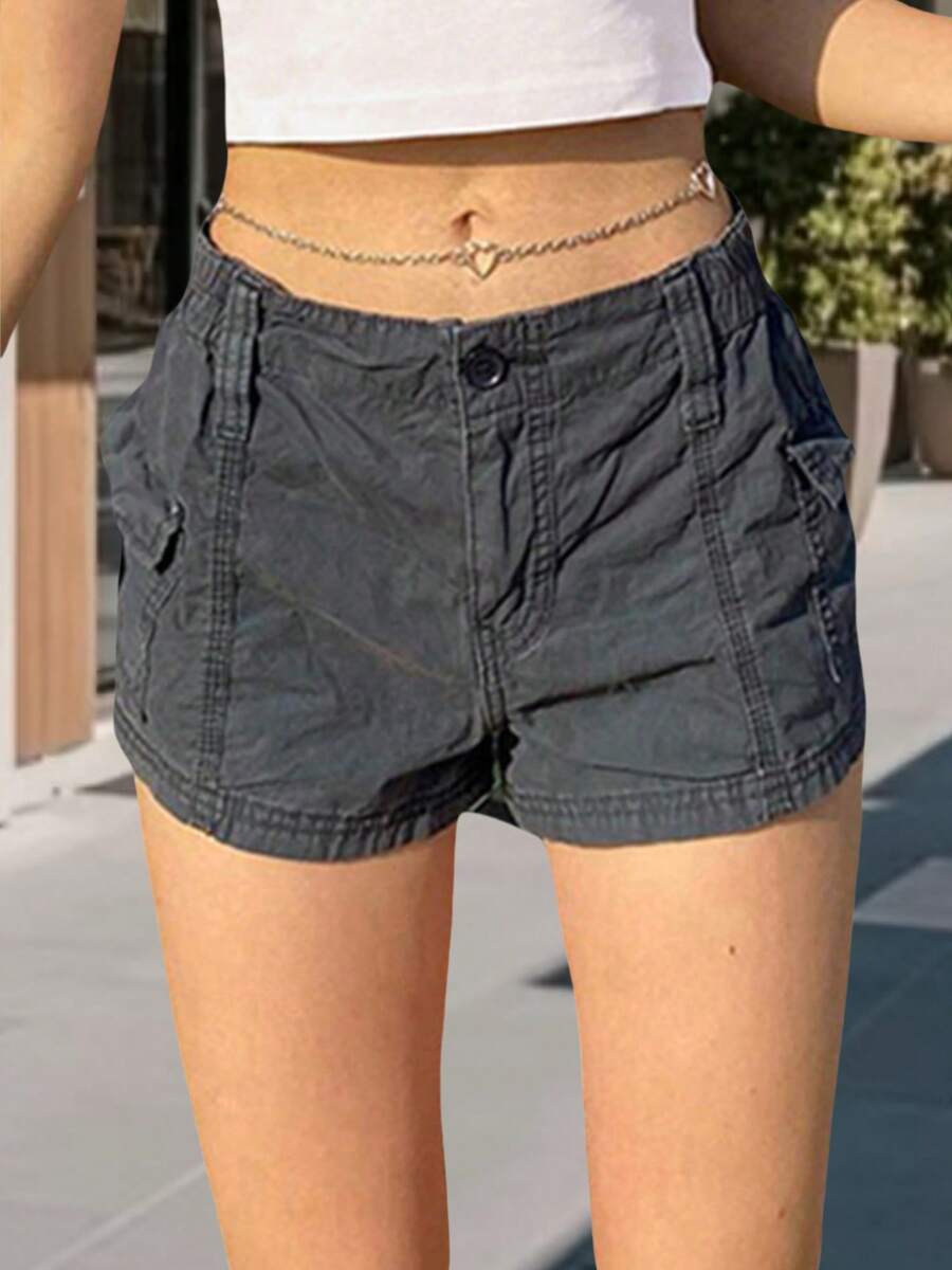 Women Y2k Cargo Shorts Solid Color Vintage Elastic Casual Summer Plus Size Low Rise Shorts With Pockets Egirls Slim Fitted Short Pants For Nightclub Retro Harajuku Streetwear Aesthetic Clothes - 黑色 - 查看 1