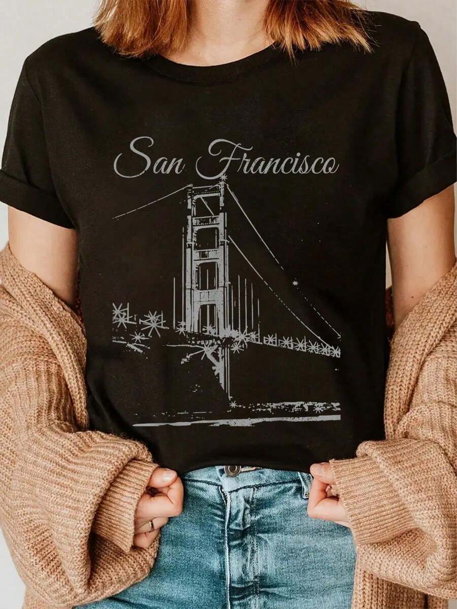 100% Cotton Casual Tshirt San Francisco Golden Gate Bridge California USA Souvenir T-Shirt - Black - View 1