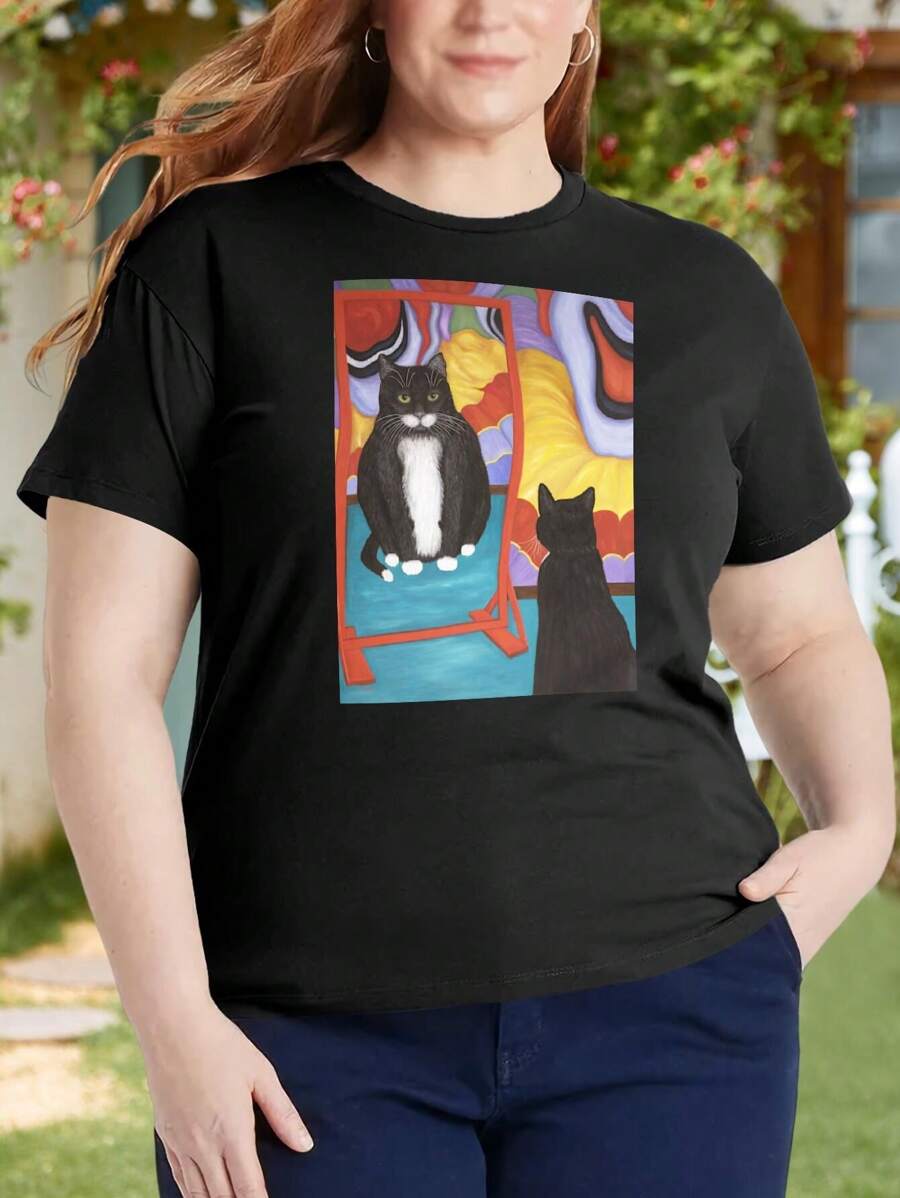 Tuxedo Cat In A Fun House Mirror Distorted Kitten Abstract Painting Oversize Women T-Shirt (Big Sizes For Women) - Black - View 1