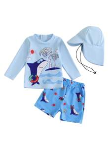 Kid Boys Rash Guard Swimsuit Set - Sun Pattern Long Sleeve Top With Shark Shorts And Swim Hat - Baby Blue - View 4