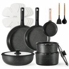 18pcs Detachable Handle Nonstick Cookware Set, Blue/Pink/Green/Black/Taupe/White/Red, Pots And Pans, Oven Safe Frying Pan