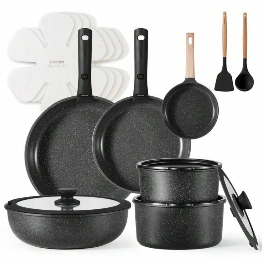 18pcs Detachable Handle Nonstick Cookware Set, Blue/Pink/Green/Black/Taupe/White/Red, Pots And Pans, Oven Safe Frying Pan