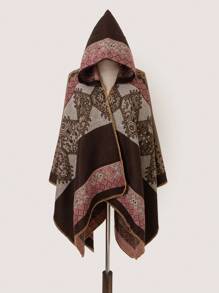 1pc Casual Versatile Jacquard Hooded Poncho Cape