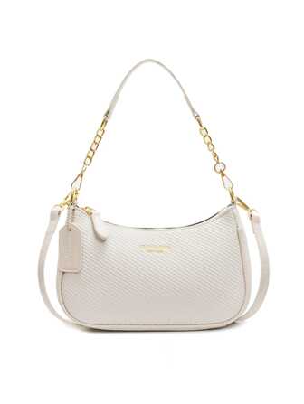 Denna moderiktiga, klassiska och mångsidiga axel-/armhålsväska med bokstavsdesign och enfärgad, vattentät PU-material, halvmåneformad, är lämplig för shopping och kan bäras crossbody.