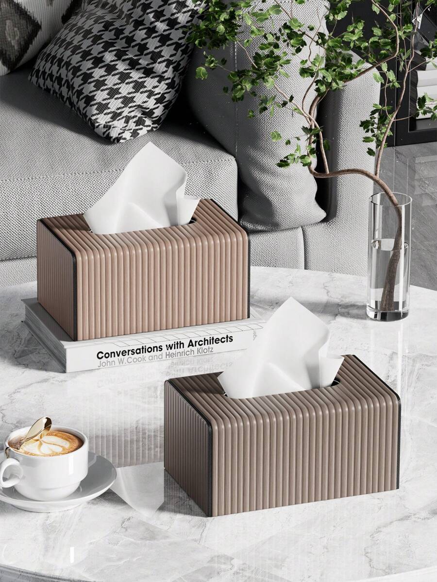 PU Leather Rectangular Tissue Box Lid - Tissue Box Holder, A Tissue Dispenser With A Remote Control Storage Rack. It Serves As A Tissue Box Organizer For Use On The Living Room Coffee Table Or Bedside Table In The Bedroom At Home.