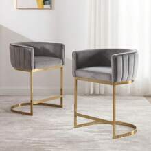 24" Modern Counter Height Bar Stools Set Of 4 For Kitchen Island Comfy Velvet Upholstered Barrel Back Stool Chair With Golden Metal Legs For Dining Room/Home Bar/Reception/Cafe, Grey