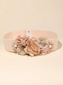 1pc Women Elastic Waist Belt With Faux Lace & Faux Pearl Flower Decor, Vacation Inspired Summer, School Fall, Autumn, Halloween