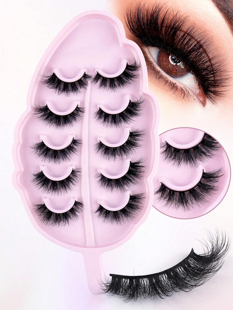 5pairs/Set Fox Eye Fluffy False Eyelashes With Leaf-Shaped Tray, Natural Looking, Thick And Soft,3D Natural Spiky Manga Lashes Cat-Eye Fluffy Wispy Soft Lashes Fake Eyelashes False Eyelashes Strip,Natural Soft Eyelash Crisscross Wispy Fluffy Lashes,Naturally Slender, Curled And Enlarged Eyes,For Women To Use Travel, Party ,Chrismas,Gifts For Women - 眼尾拉長款 - 查看 1