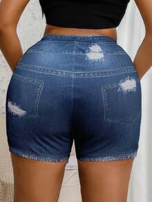 Plus Size Women Jegging Shorts, Denim Effect Print Ripped & Distressed Design, High Stretch, Fashion Casual Shorts - Blue - View 5