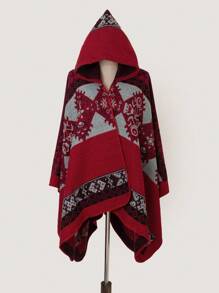 1pc Casual Versatile Jacquard Hooded Poncho Cape