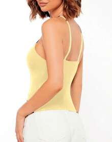Solid Fitted Cami Top, Going Out Top, Strappy A-Line Blouse, Fashion Blogger - Yellow - View 2