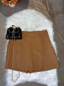 TAILORED SHORT SKIRT WITH SLIT  SUMMER FASHION - Camel - View 1