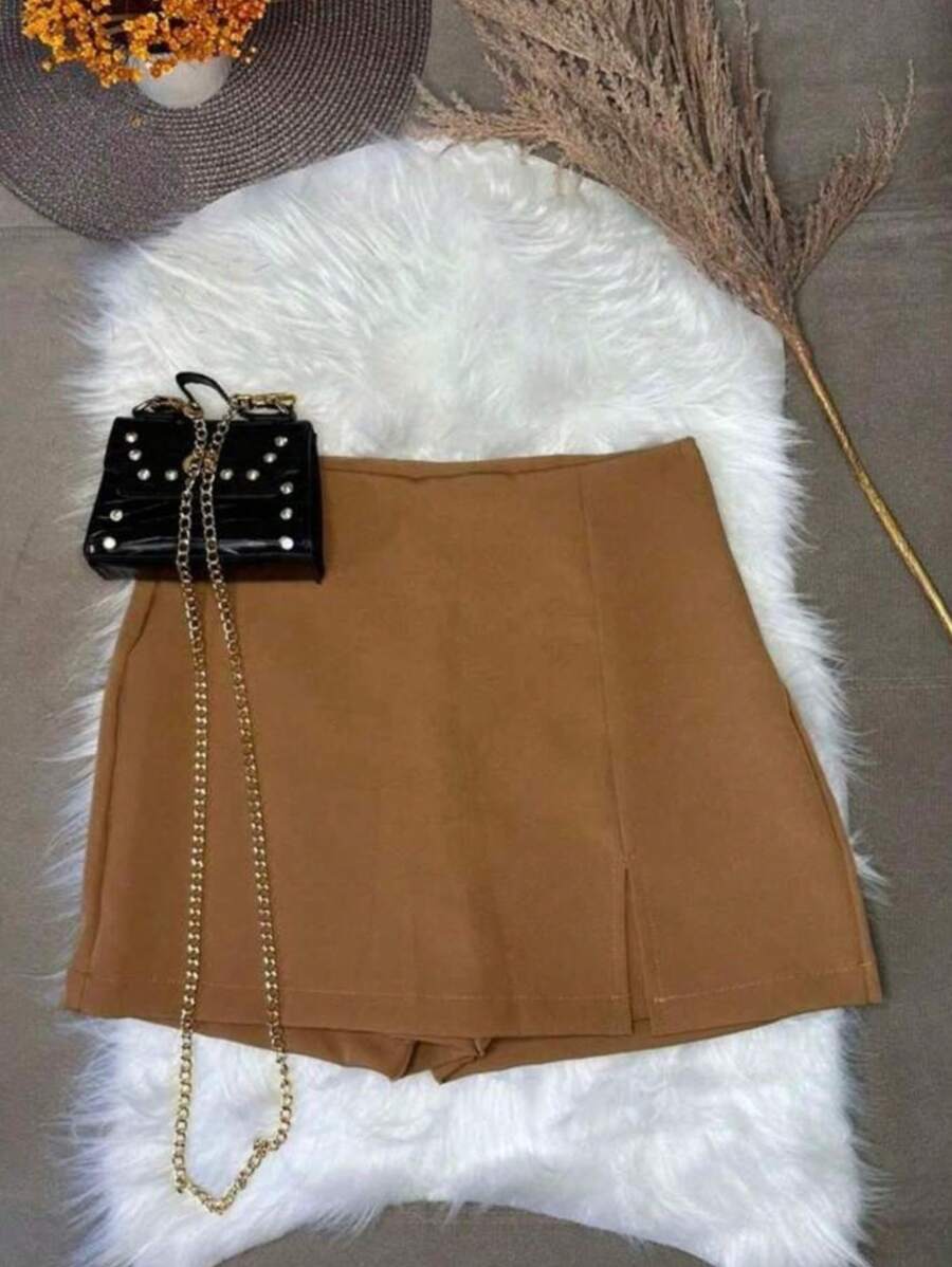 TAILORED SHORT SKIRT WITH SLIT SUMMER FASHION - Camel - View 1