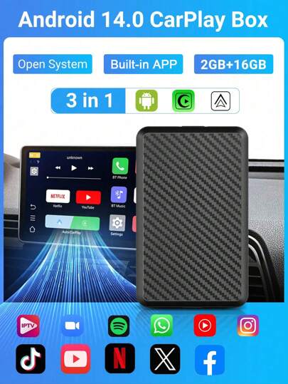 Acodo 3-In-1 Wireless CarPlay & Android Auto Android 14 System AI Box Mini Adapter, 2GB RAM+16GB ROM Plug And Play, Open Android System With Preinstalled Apps, Compatible With IPhone IOS 10+ / Android 11.0+, Fits 98% Vehicles